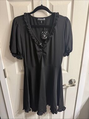 Sourpuss Black Ruffle V-Neck Swing Dress